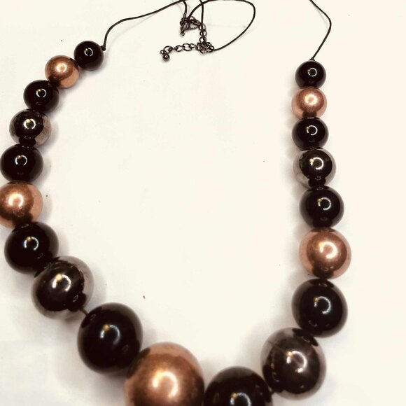 Vintage Hand-Painted Wood Bead Necklace 1980s, Black & Copper, Adjustable 82 cm - Picture 3 of 10